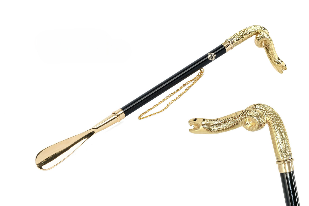 Artisan Stylish Shoehorn – Long Handled Gold Plated Brass with Snake Handle Design