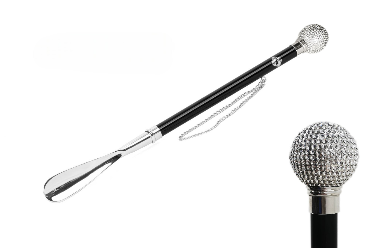 Silver Shoehorn | Handcrafted Italian 925 Silver Plated Long Handled Crystal Embellished