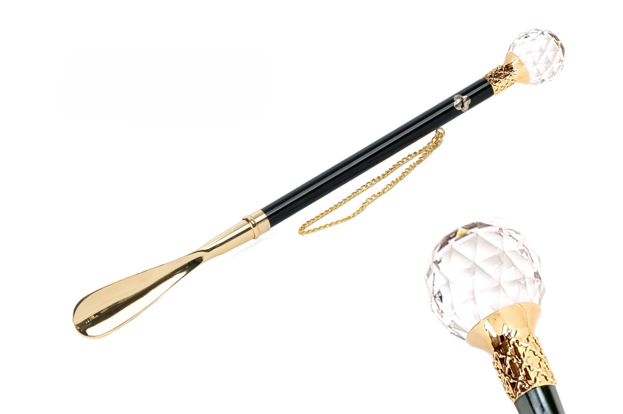 Luxury Shoehorn Handcrafted With Crystal Handle - 24K Gold Plated Brass, 53 cm