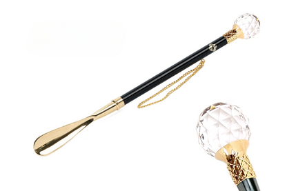 Luxury Shoehorn Handcrafted With Crystal Handle - 24K Gold Plated Brass, 53 cm