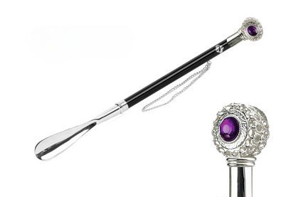Silver Shoehorn - Italian Luxury 925 Silver Plated Long Handle with Amethyst Crystal