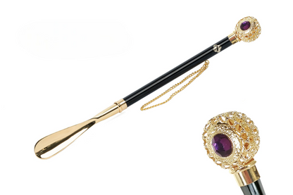 24K Gold Shoehorn – Handcrafted Long Handled Shoe Horn with Amethyst Crystal Handle