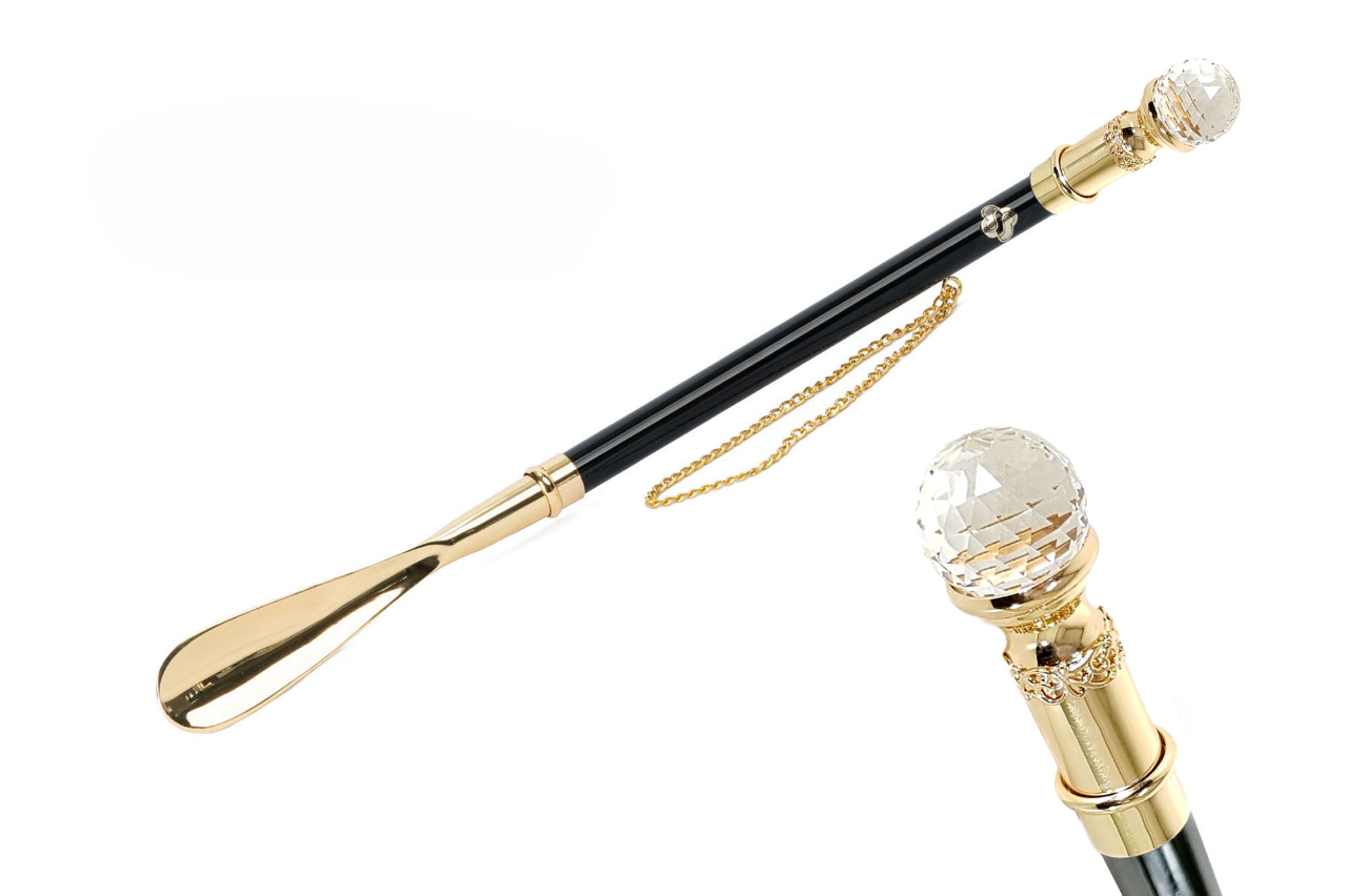 Italian Artisan Shoehorn – Long Handled Luxury 24K Gold & Crystal Handle Gift Box
