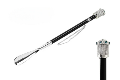 Stylish Shoehorn – Long Handled Silver Plated with Blue Crystal Handle Gift Box