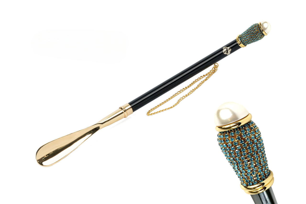 24K Gold Shoehorn – Handcrafted Long Handled Luxury Shoe Horn Gift with Aquamarine Crystals