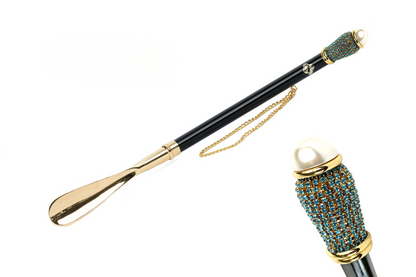 24K Gold Shoehorn – Handcrafted Long Handled Luxury Shoe Horn Gift with Aquamarine Crystals