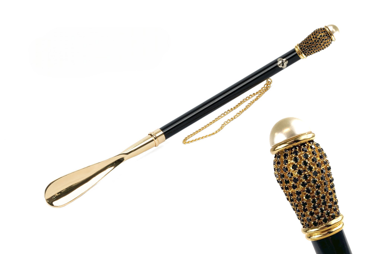 24K Gold Shoehorn – Handcrafted Long-Handled Brass Shoe Horn with Jet Crystals