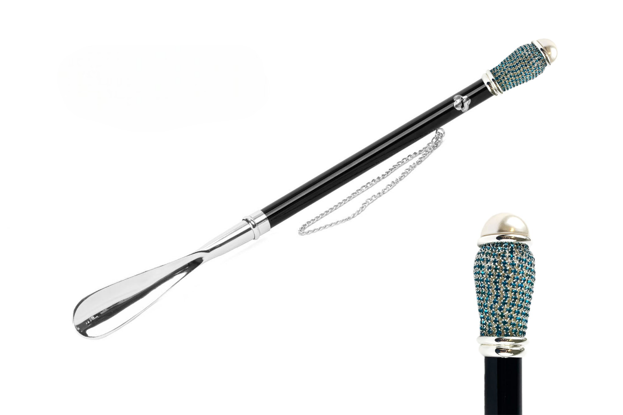 Silver Plated Shoehorn – Handcrafted Italian Long Handle with Aquamarine Crystals