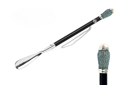 Silver Plated Shoehorn – Handcrafted Italian Long Handle with Aquamarine Crystals