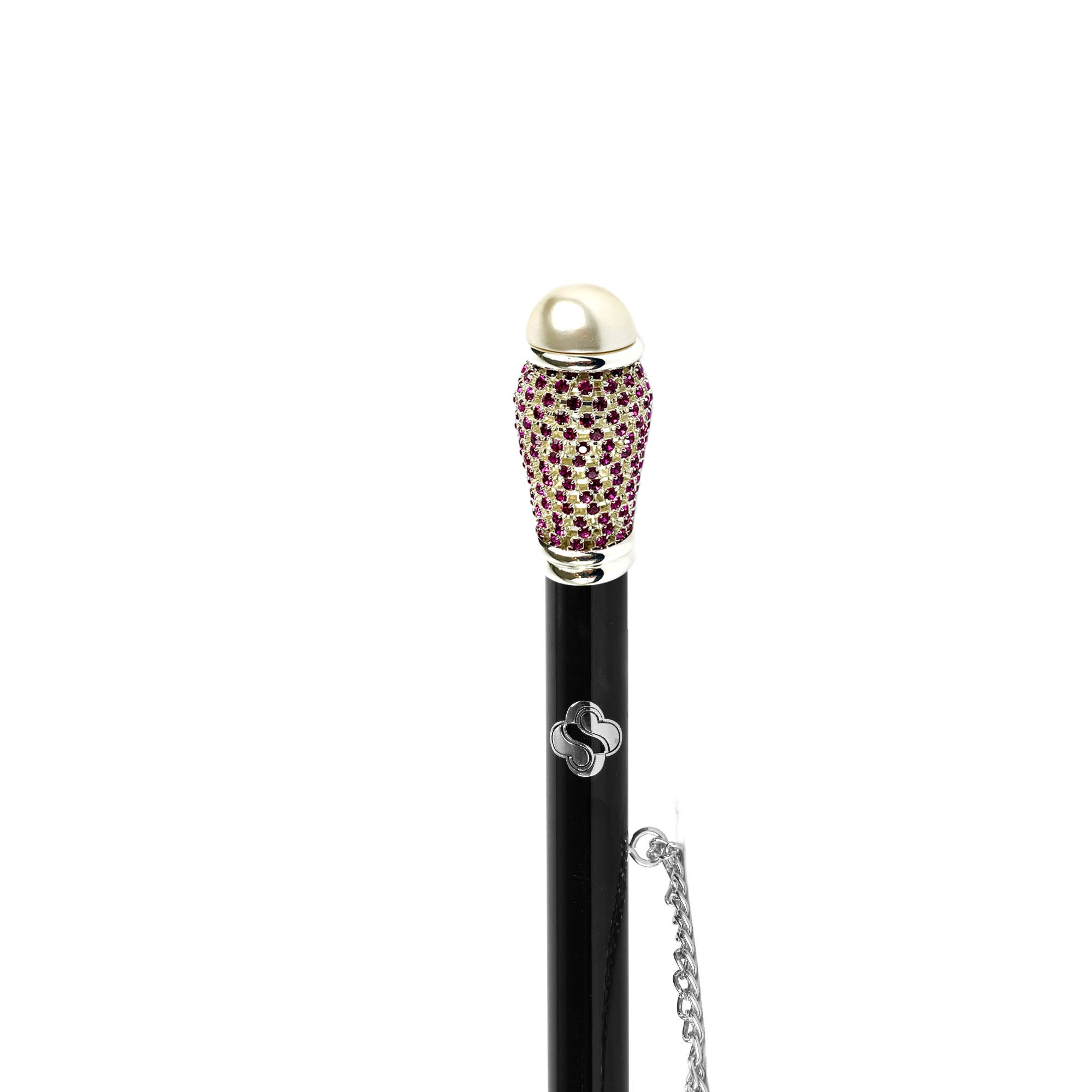 Designer Shoehorn - Long Handled Silver Plated with Fuchsia Crystal Handle