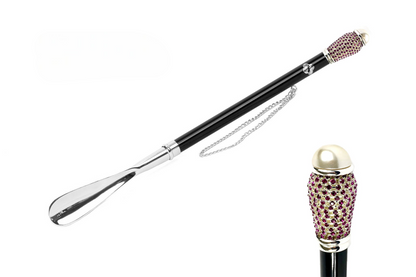 Designer Shoehorn - Long Handled Silver Plated with Fuchsia Crystal Handle