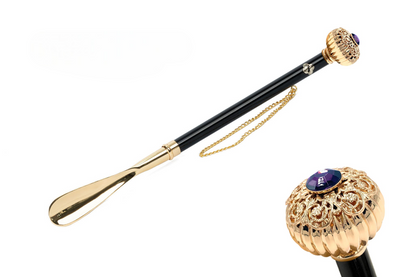 Golden Handmade Shoehorn – 24K Gold Plated Brass with Amethyst Handle, 53cm Long