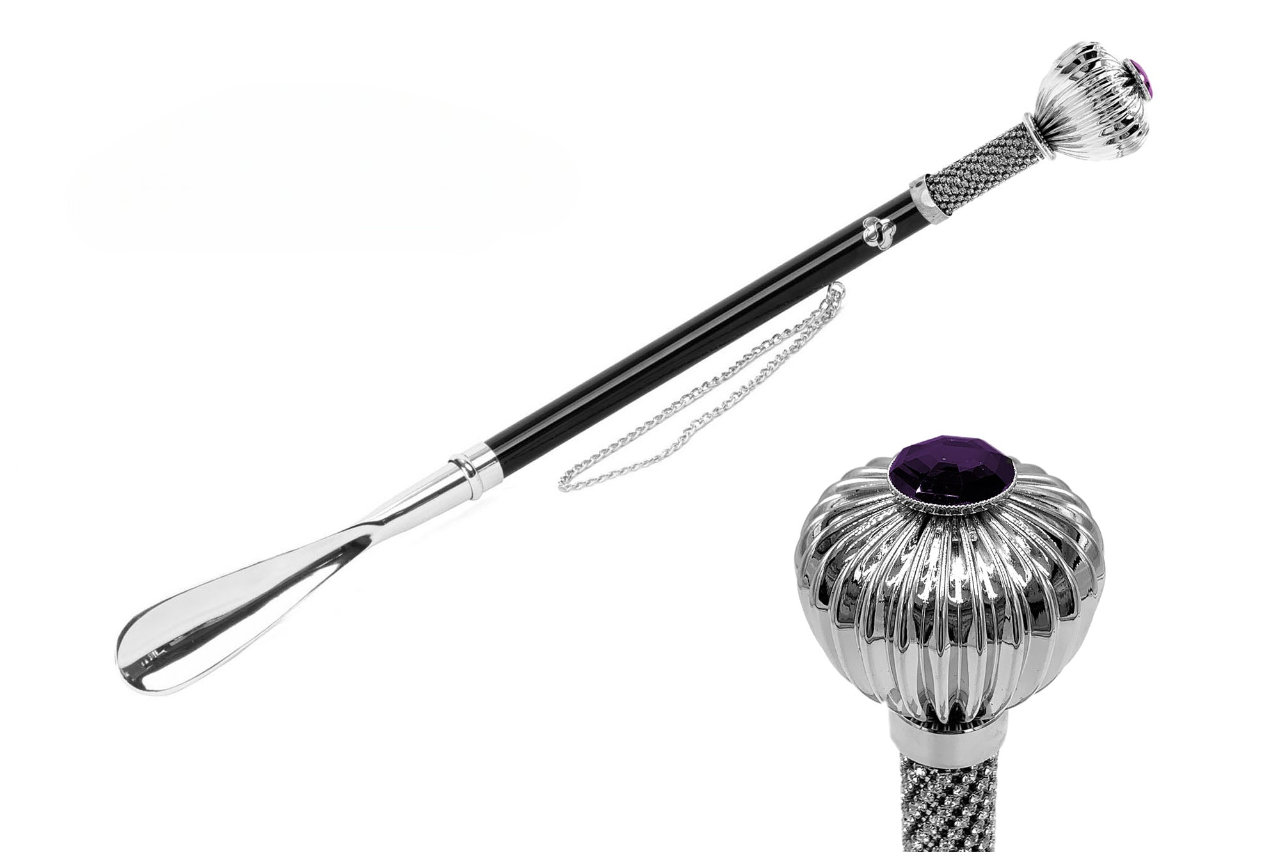 Silverplated Shoehorn – Long Handled Italian Flower Handle with Crystals