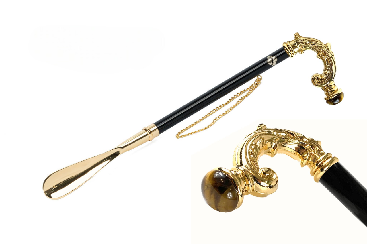 Gold Shoehorn – Italian Handcrafted Luxury with Tiger Eye Stone, 24K Gold Plated