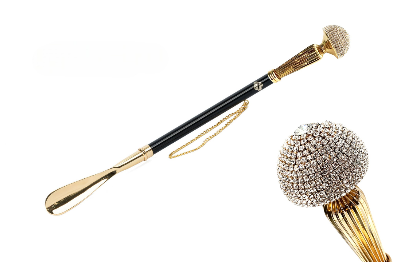 Handcrafted Crystal Shoehorn – Luxury Gold Plated Italian Long Handle Gift Box