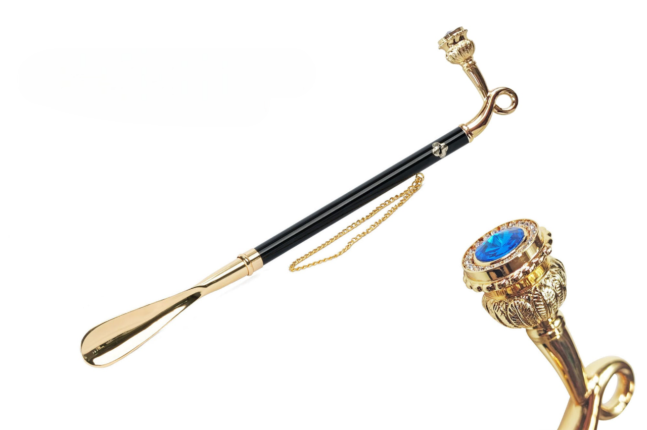 Handmade Shoehorn – Italian Long Handled 24K Gold Plated With Blue Crystal