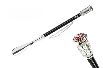 Silver Plated Shoehorn – Handcrafted Italian Long Handled Shoe Horn with Red Crystals