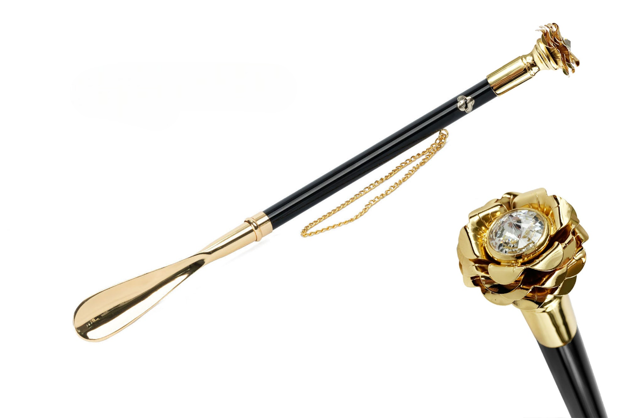 24K Gold Shoehorn – Italian Long Handle With Artisan Golden Rose Design