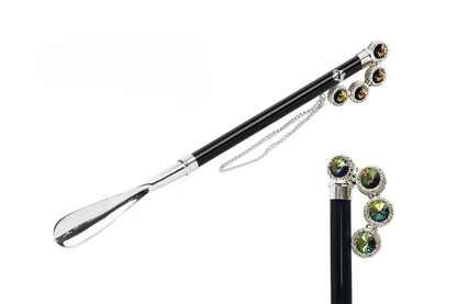 Silver Plated Shoehorn - Handcrafted Long Handle with Multicolor Crystals, Gift Box