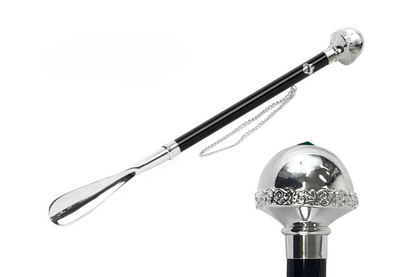 Silver Plated Shoehorn – Handcrafted 925 Brass with Emerald Crystal Knob, 53cm