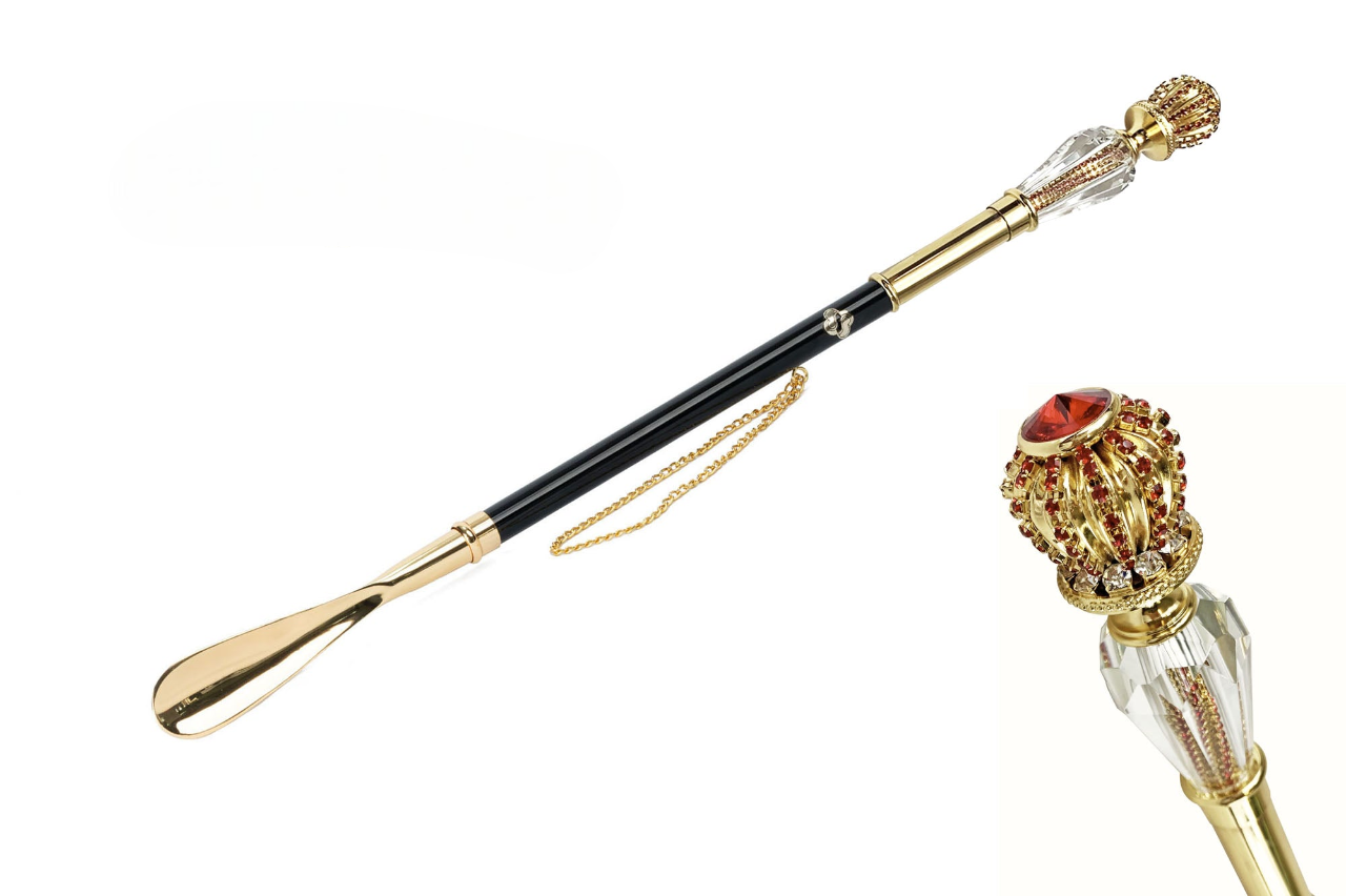 24K Gold Shoehorn – Italian Handcrafted Long Handled Shoehorn With Red Crystals