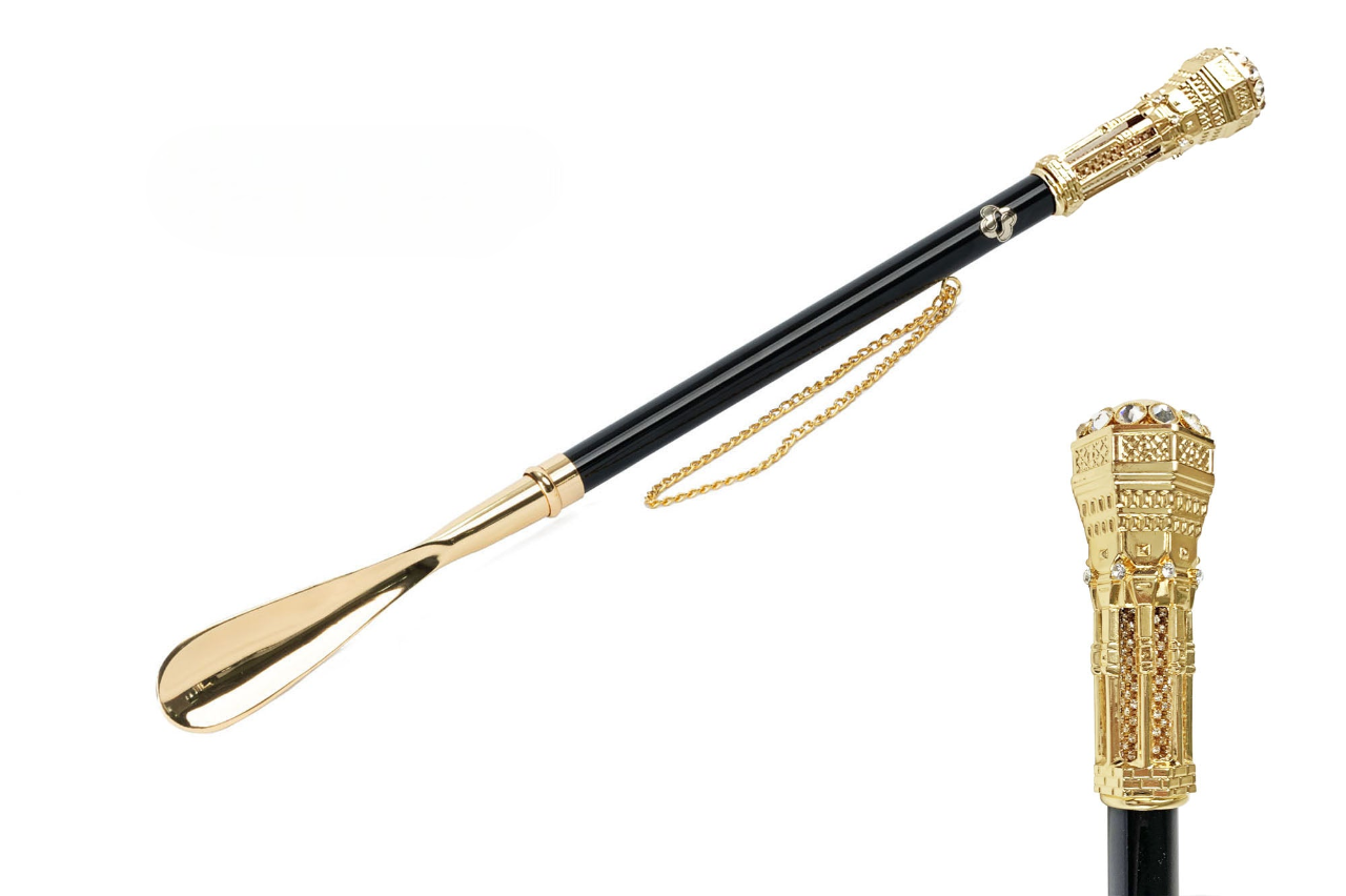 Gold Plated Shoehorn – Handmade Italian Tower Handle, Luxury Brass Design