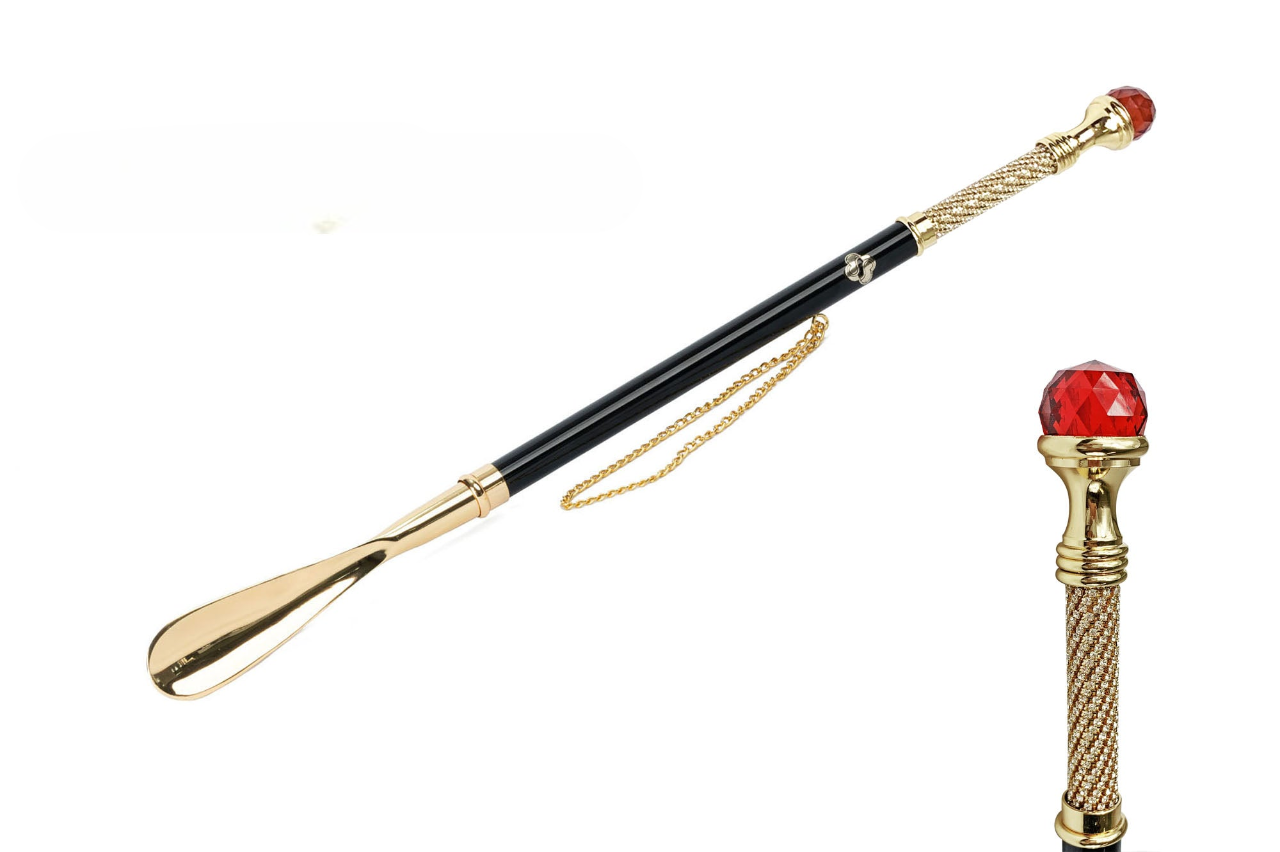 Luxury Shoehorn – Handcrafted Italian Gold Plated Long Handled Shoehorn with Red Crystal