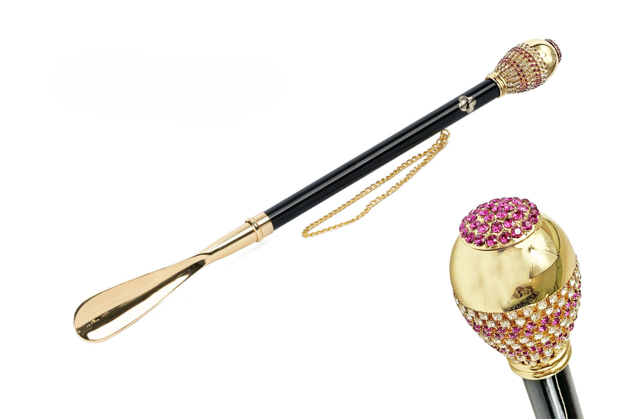 24K Gold Shoehorn – Handcrafted Long Handled Brass Tool with Crystal Knob