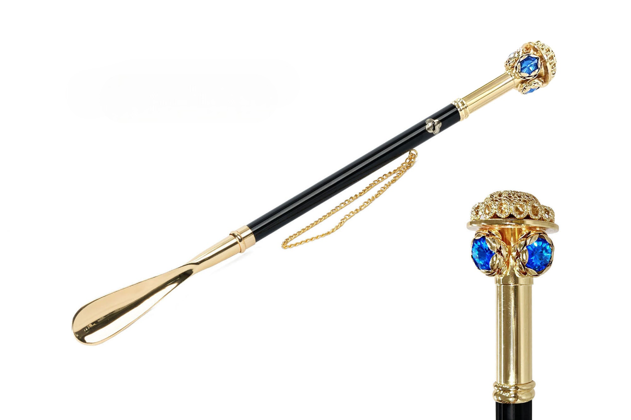 Handcrafted Shoehorn – 24K Gold Blue Crystal Handle | Italian Made Luxury