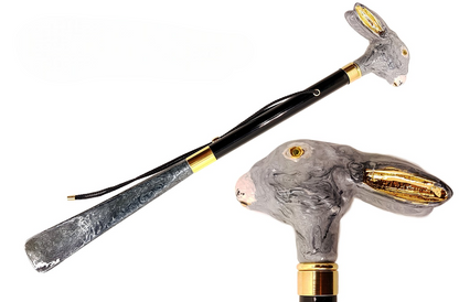 Italian Enamelled Shoehorn – Long Handled Rabbit Handle With Golden Accents