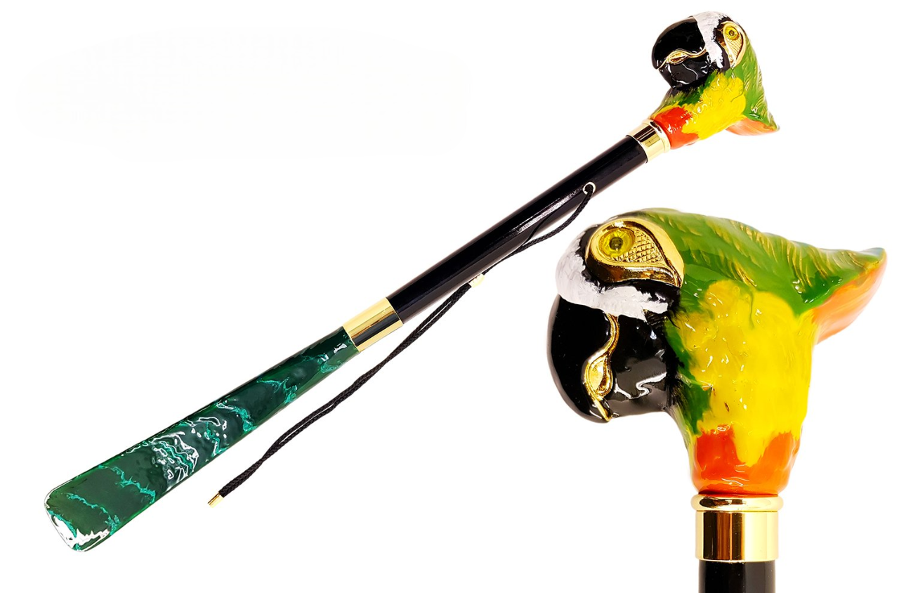 Italian Enamelled Shoehorn - Long Handled Parrot Handle With Golden Accents