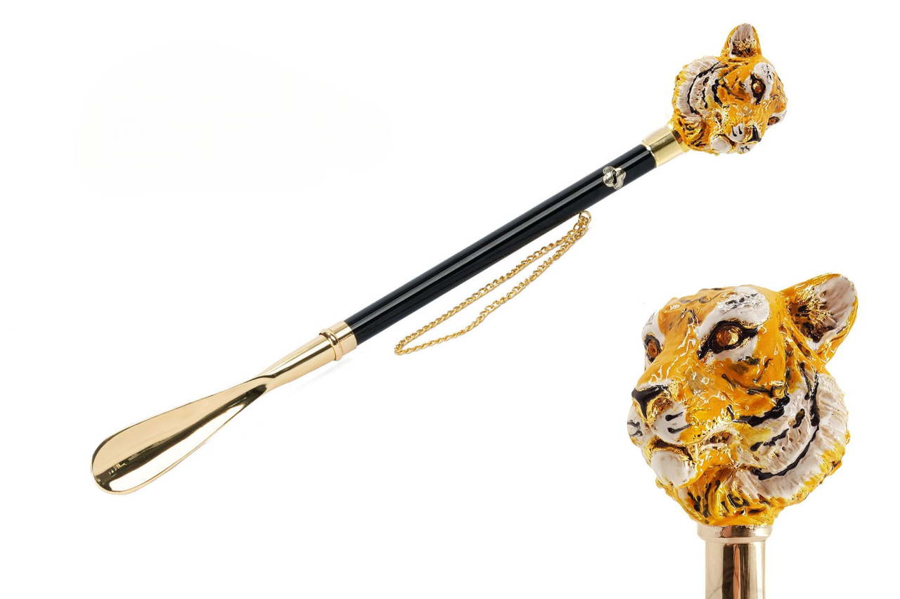 Gold Plated Shoehorn – 24K Long Handled Luxury Shoe Accessory with Hand-Painted Tiger Handle