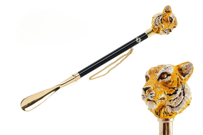 Gold Plated Shoehorn – 24K Long Handled Luxury Shoe Accessory with Hand-Painted Tiger Handle
