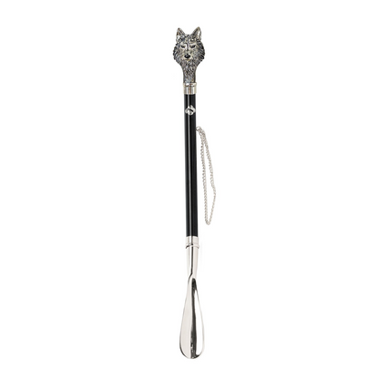 Hand-Enameled Shoehorn – Silver Plated Wolf Design | Italian Long Handled Gift Box