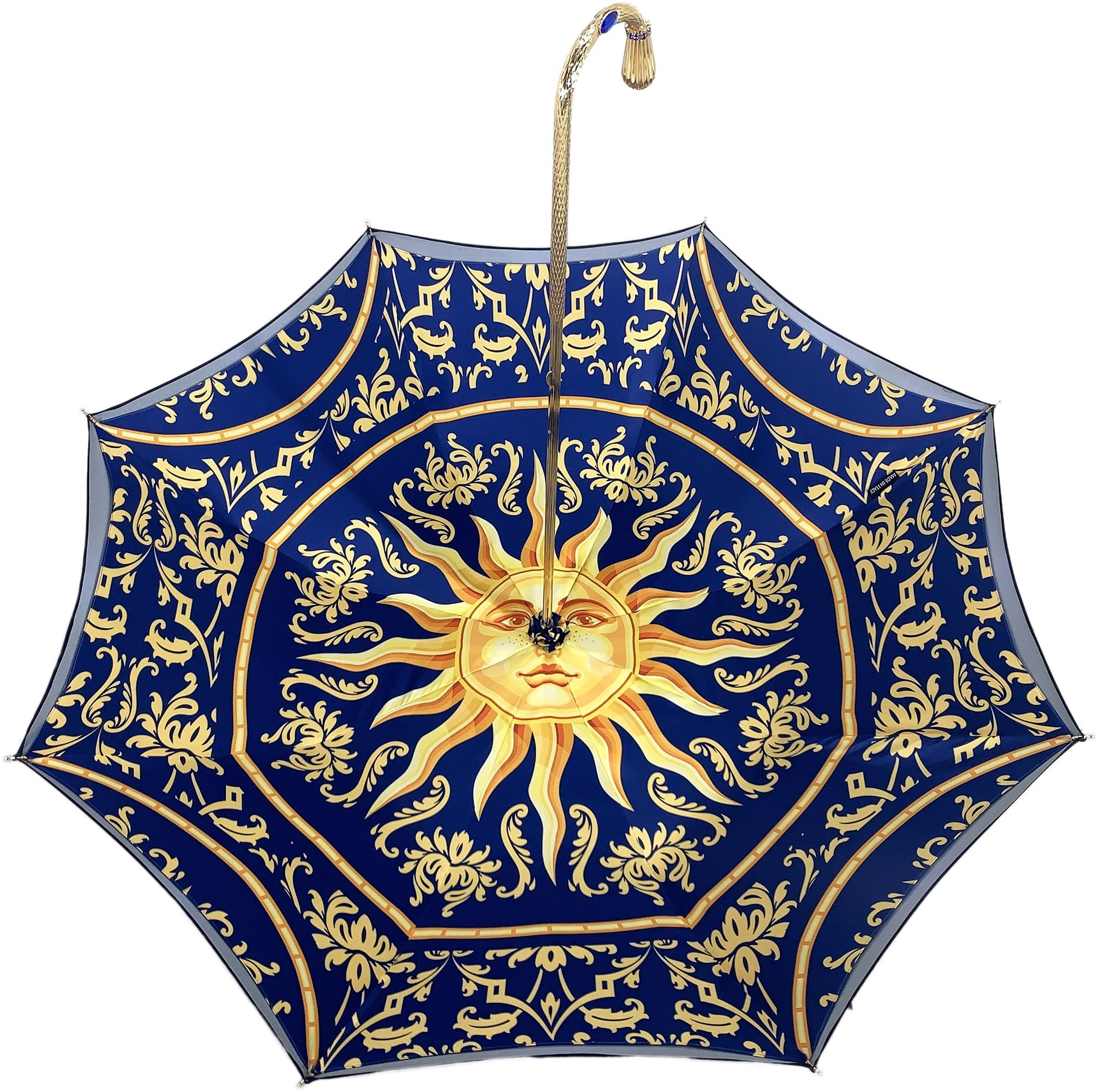 Luxury Double Canopy Umbrella – Handmade Italian Blue Satin with Swarovski Crystal Handle