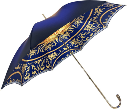 Luxury Double Canopy Umbrella – Handmade Italian Blue Satin with Swarovski Crystal Handle
