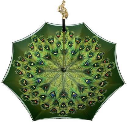 Green Peacock Umbrella – Handmade Italian Satin Canopy | Luxury Women's Rain Gear