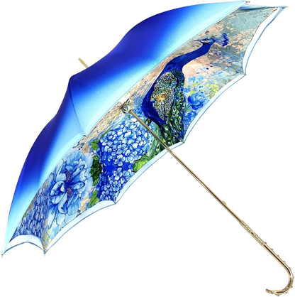 Luxury Peacock Umbrella – Italian Handmade Satin Canopy with 24K Gold Handle