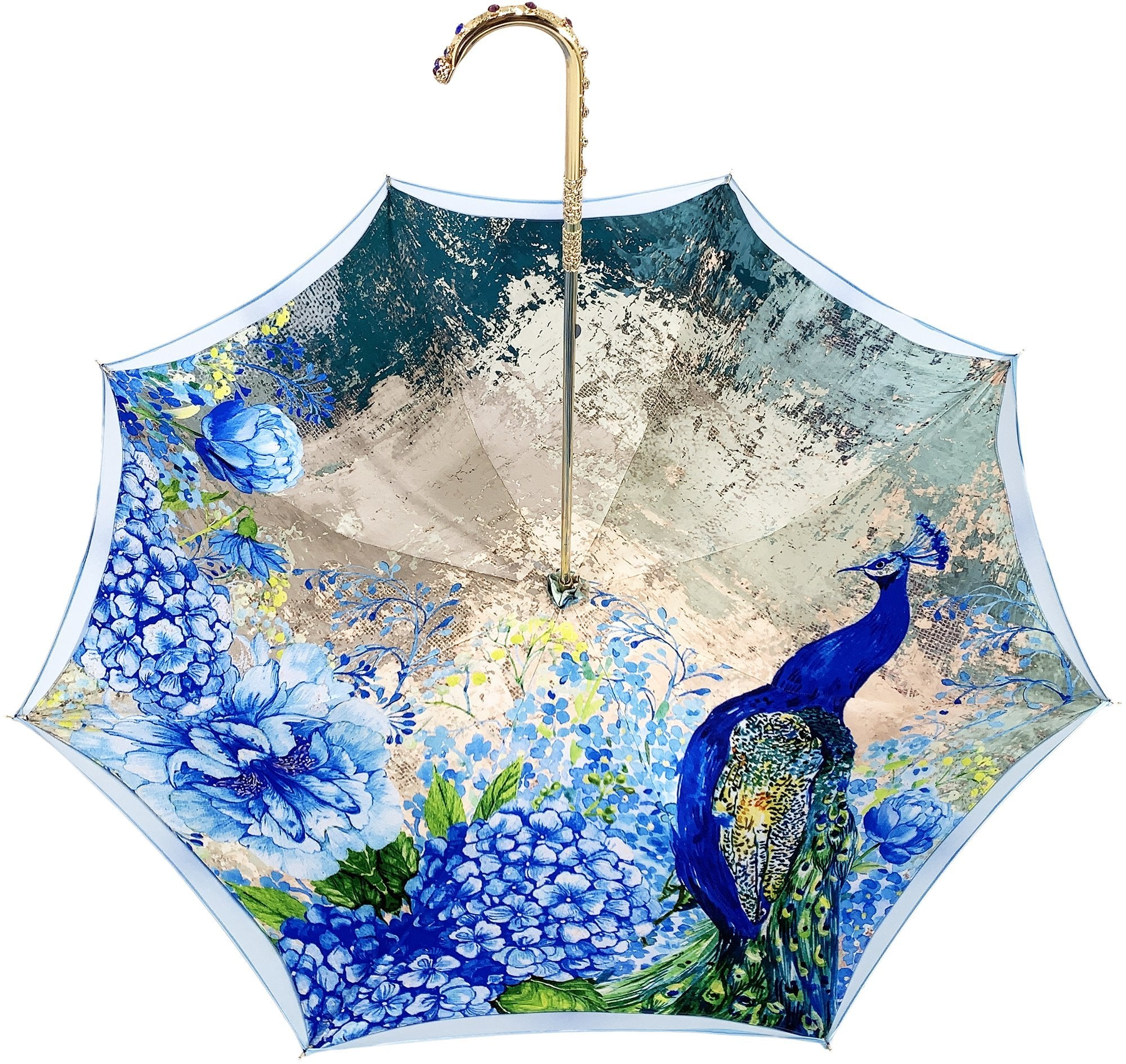 Luxury Peacock Umbrella – Italian Handmade Satin Canopy with 24K Gold Handle