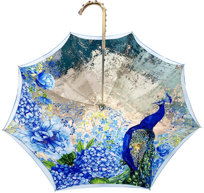 Luxury Peacock Umbrella – Italian Handmade Satin Canopy with 24K Gold Handle