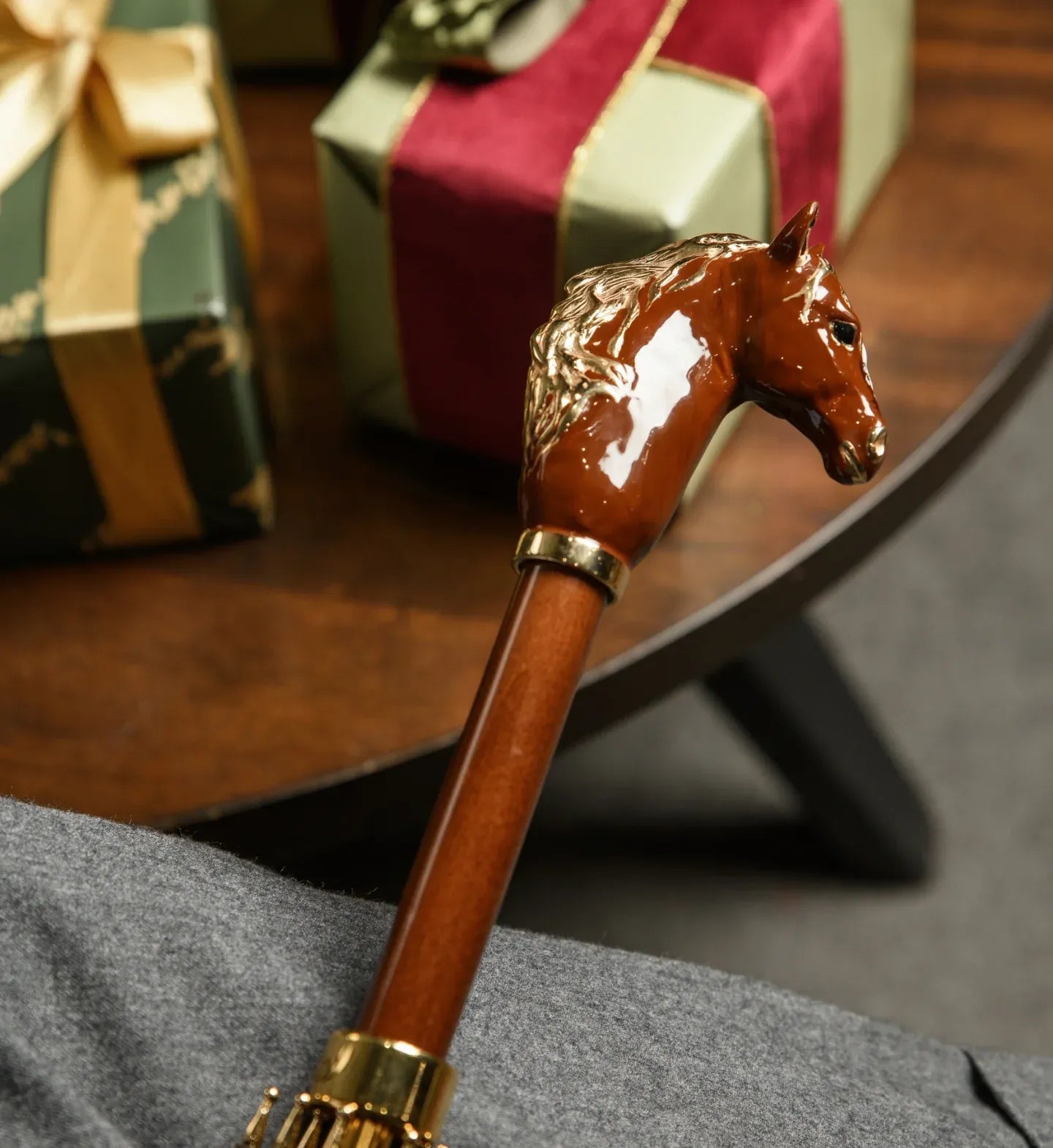 Handmade Pasotti luxury brown umbrella for men featuring a horse design, perfect for automatic rain protection.