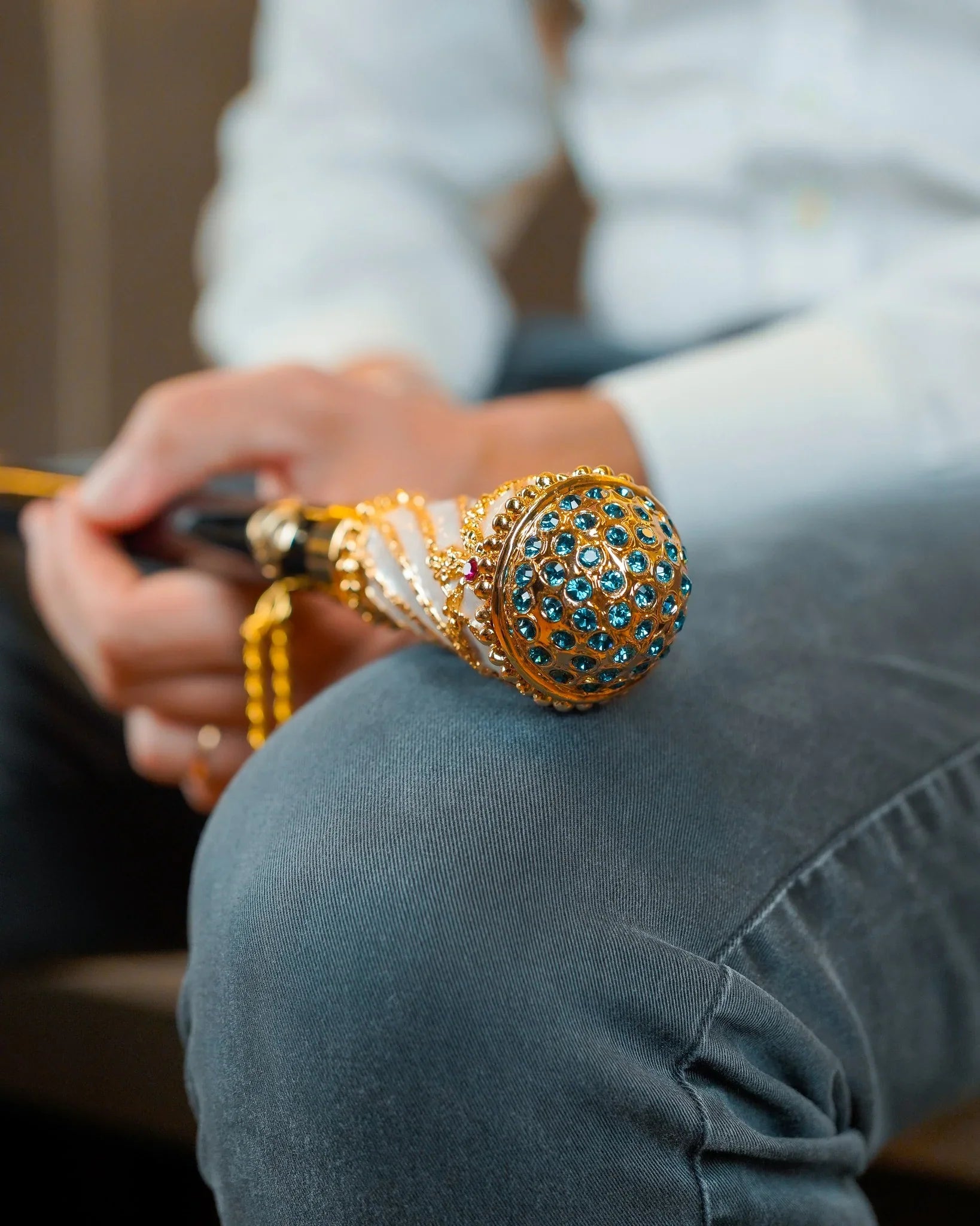 Luxury Gold Walking Cane – Hand-Painted Art Cane with Swarovski Crystals & Black Beech Wood