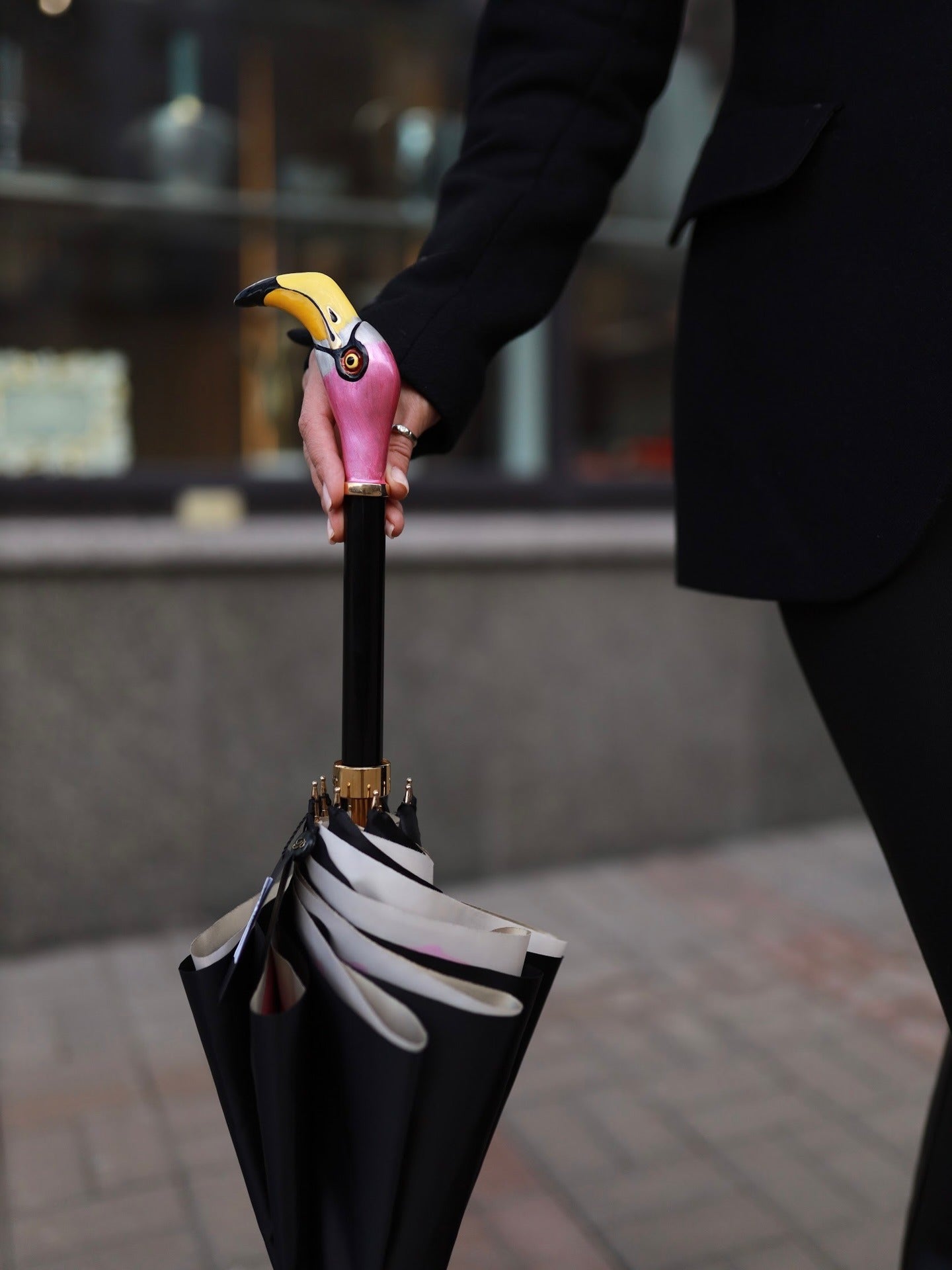 Pasotti enameled brass umbrella with flamingo design, double cloth rain umbrella for women, manual open stylish rain protection.