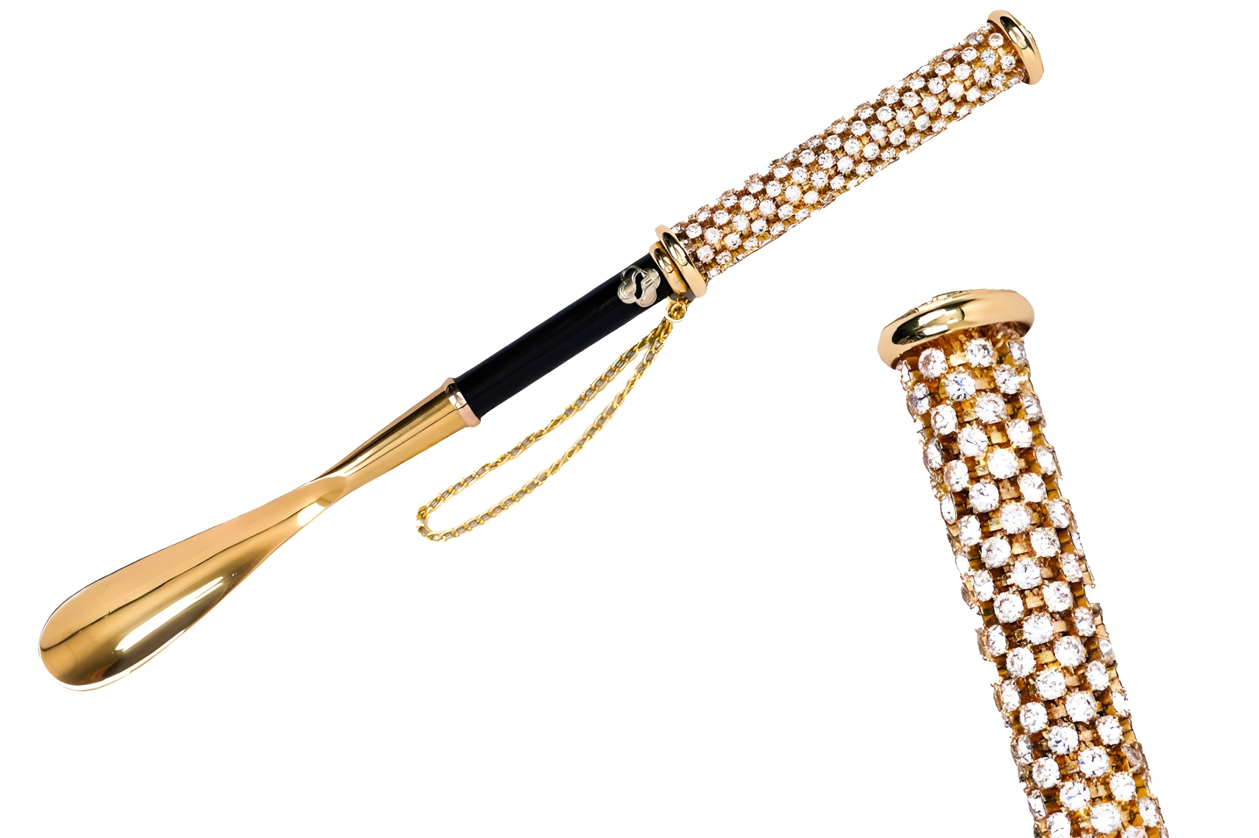 24K gold shoehorn by Ilmarchesato with a long handle and rhinestones, showcasing luxury and elegance in design.