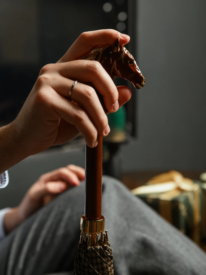Handmade Pasotti luxury brown umbrella for men with modern horse design and automatic open feature.