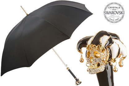 Swarovski handmade Jester Skull umbrella by Ilmarchesato, showcasing a unique design and luxury automatic opening mechanism.