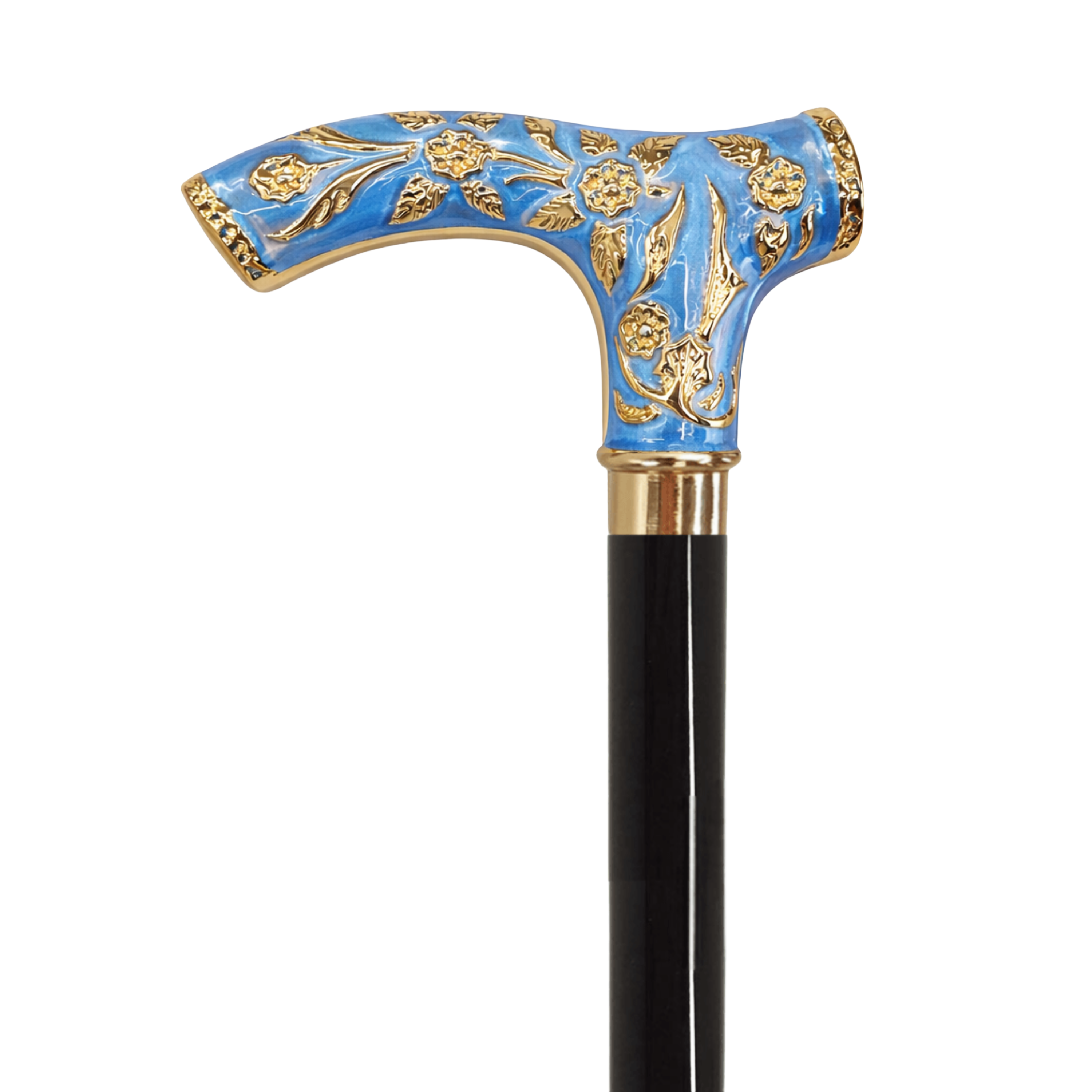 Tiffany blue luxury walking cane by Ilmarchesato with 24K gold handle and black beech wood shaft.