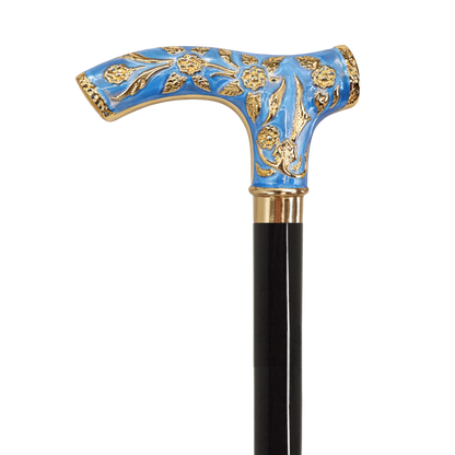 Tiffany blue luxury walking cane by Ilmarchesato with 24K gold handle and black beech wood shaft.