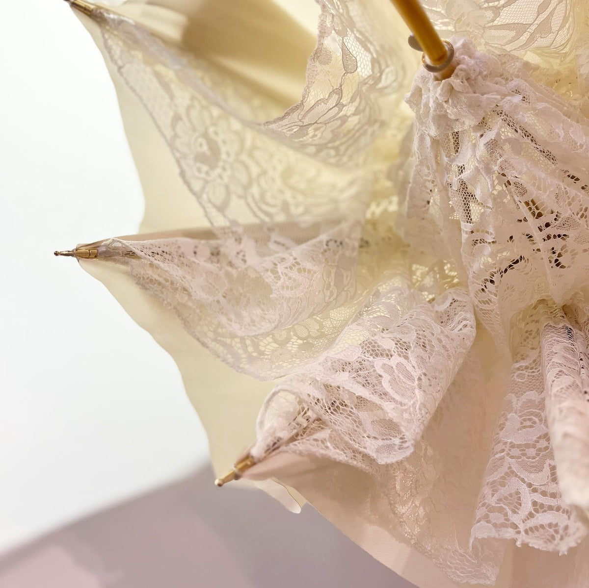 White bridal umbrella with lace wedding dress fabric