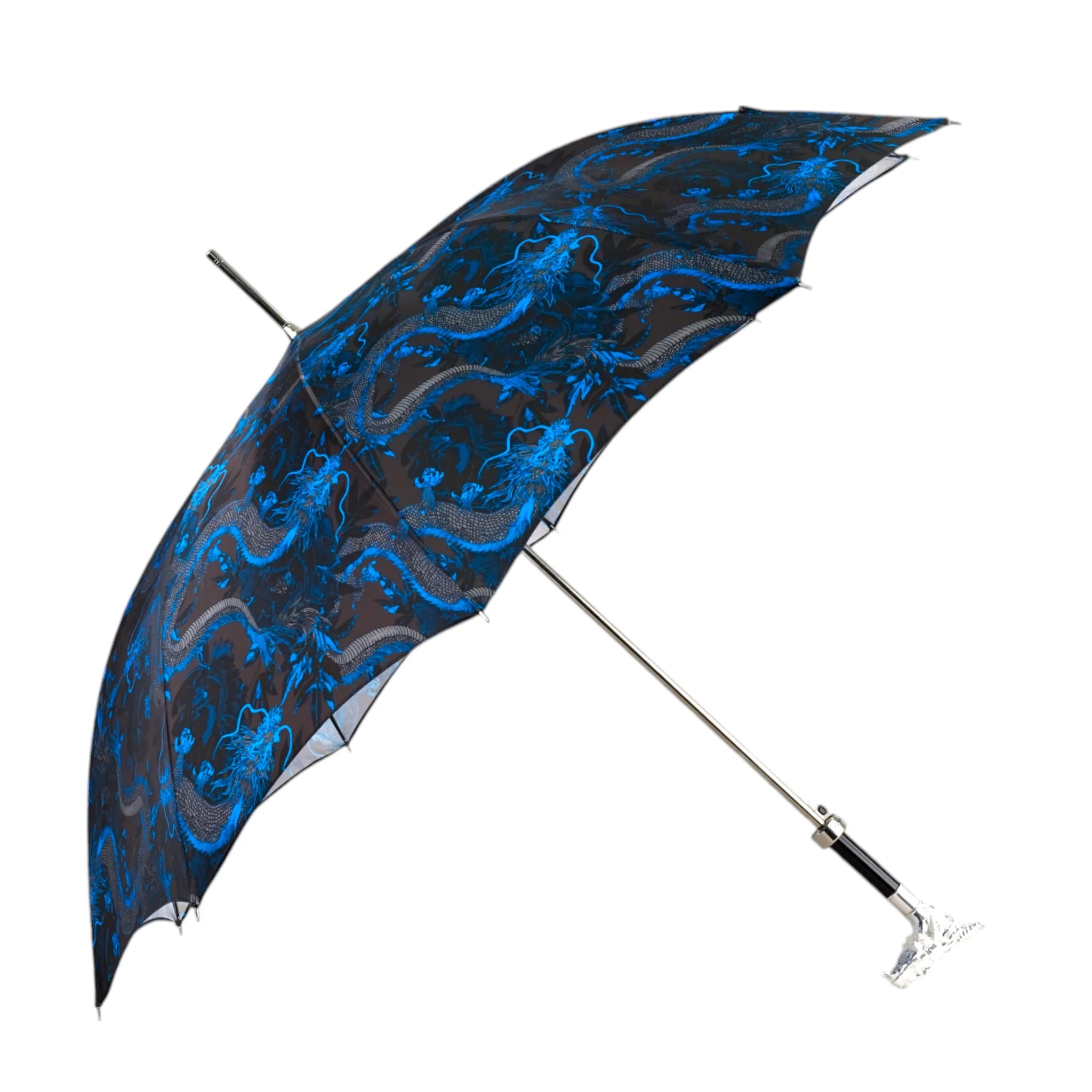 Artistic silver-handle dragon umbrella for men by Ilmarchesato, featuring a modern, handcrafted design with intricate dragon artwork.